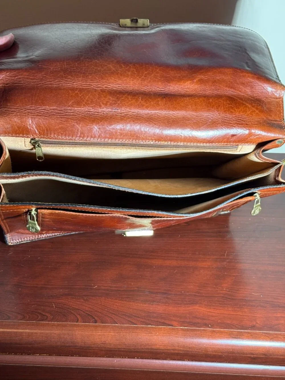 OLD ANGLER Cognac Italian Leather Brown Men's Flap Over Briefcase Made in Italy